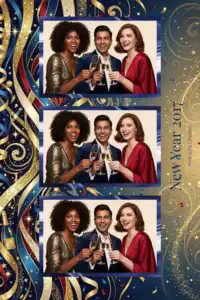 Variante format portrait 4x6, 3 photos et orientation paysage du design photobooth Gold Bokeh New Years pour Miroir Magique