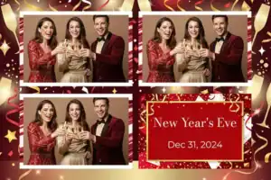 Variante format paysage 6x4, 3 photos et orientation paysage du design photobooth Gold Bokeh New Years Eve pour Vivabox