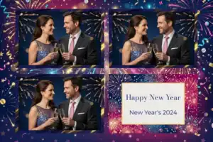 Variante format paysage 6x4, 3 photos et orientation paysage du design photobooth Black And Gold New Years Sparkles pour Vivabox