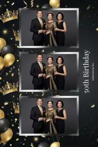 Variante format portrait 4x6, 3 photos et orientation paysage du design photobooth Gold Glitter Birthday Party pour Miroir Magique