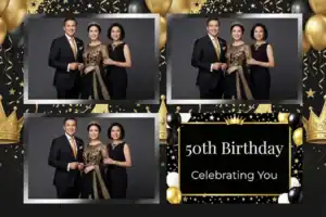 Variante format paysage 6x4, 3 photos et orientation paysage du design photobooth Gold Glitter Birthday Party pour Vivabox