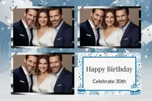 Variante format paysage 6x4, 3 photos et orientation paysage du design photobooth Blue Stripes Birthday Confetti pour Vivabox