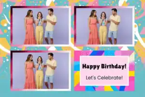 Variante format paysage 6x4, 3 photos et orientation paysage du design photobooth Pastel Geometric Birthday Balloons pour Vivabox