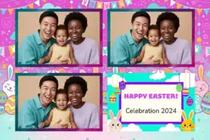 Variante format paysage 6x4, 3 photos et orientation paysage du design photobooth Pastel Easter Bunny Balloons pour Vivabox