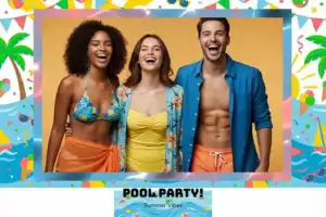 Variante format paysage 6x4, 1 photo et orientation paysage du design photobooth Blue Pool Party Confetti pour Vivabox