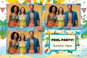 Variante format paysage 6x4, 3 photos et orientation paysage du design photobooth Blue Pool Party Confetti pour Vivabox