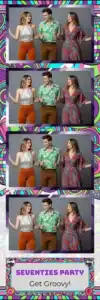 Variante bande 2x6, 4 photos et orientation paysage du design photobooth Neon Stripes Disco Party pour Vivabox