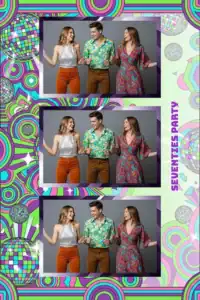 Variante format portrait 4x6, 3 photos et orientation paysage du design photobooth Neon Stripes Disco Party pour Miroir Magique