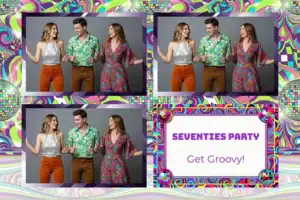 Variante format paysage 6x4, 3 photos et orientation paysage du design photobooth Neon Stripes Disco Party pour Vivabox