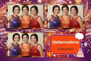 Variante format paysage 6x4, 3 photos et orientation paysage du design photobooth Neon Stars Quinceanera Template pour Vivabox