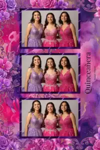 Variante format portrait 4x6, 3 photos et orientation paysage du design photobooth Pink Flower Quinceanera Ribbons pour Miroir Magique