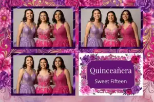 Variante format paysage 6x4, 3 photos et orientation paysage du design photobooth Pink Flower Quinceanera Ribbons pour Vivabox