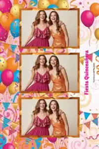 Variante format portrait 4x6, 3 photos et orientation paysage du design photobooth Pink And Gold Quinceanera Balloons pour Miroir Magique