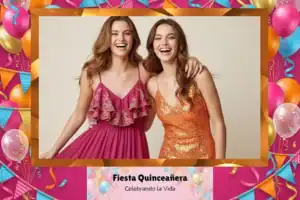 Variante format paysage 6x4, 1 photo et orientation paysage du design photobooth Pink And Gold Quinceanera Balloons pour Vivabox