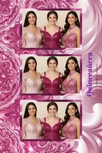 Variante format portrait 4x6, 3 photos et orientation paysage du design photobooth Pink Geometric Quinceanera Swirls pour Miroir Magique