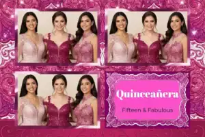 Variante format paysage 6x4, 3 photos et orientation paysage du design photobooth Pink Geometric Quinceanera Swirls pour Vivabox