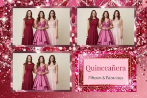 Variante format paysage 6x4, 3 photos et orientation paysage du design photobooth Red Coral Diamond Quinceanera pour Vivabox