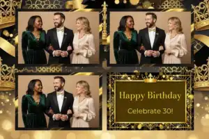 Variante format paysage 6x4, 3 photos et orientation paysage du design photobooth Gold Confetti Birthday Crown pour Vivabox