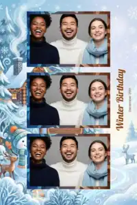 Variante format portrait 4x6, 3 photos et orientation paysage du design photobooth Blue Snowflake Birthday Cabin pour Miroir Magique