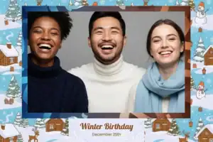 Variante format paysage 6x4, 1 photo et orientation paysage du design photobooth Blue Snowflake Birthday Cabin pour Vivabox