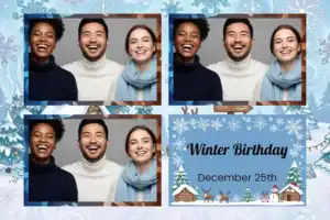 Variante format paysage 6x4, 3 photos et orientation paysage du design photobooth Blue Snowflake Birthday Cabin pour Vivabox