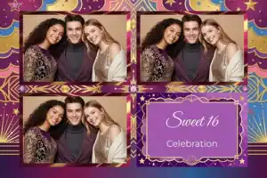 Variante format paysage 6x4, 3 photos et orientation paysage du design photobooth Blue Polka Dot Sweet Sixteen pour Vivabox