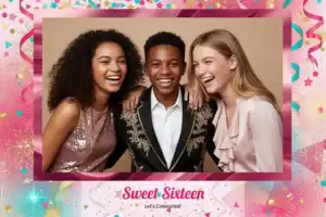 Variante format paysage 6x4, 1 photo et orientation paysage du design photobooth Pink Confetti Sweet Sixteen pour Vivabox