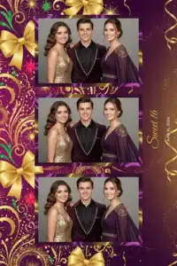 Variante format portrait 4x6, 3 photos et orientation paysage du design photobooth Gold Glitter Sweet Sixteen pour Miroir Magique