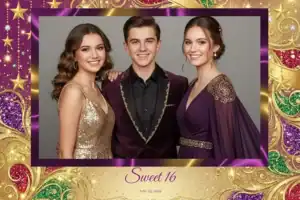 Variante format paysage 6x4, 1 photo et orientation paysage du design photobooth Gold Glitter Sweet Sixteen pour Vivabox