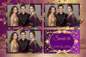Variante format paysage 6x4, 3 photos et orientation paysage du design photobooth Gold Glitter Sweet Sixteen pour Vivabox