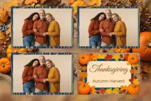Variante format paysage 6x4, 3 photos et orientation paysage du design photobooth Orange Pumpkin Thanksgiving Leaves pour Vivabox