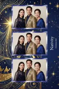 Variante format portrait 4x6, 3 photos et orientation paysage du design photobooth Gold Star Christmas Nativity pour Miroir Magique