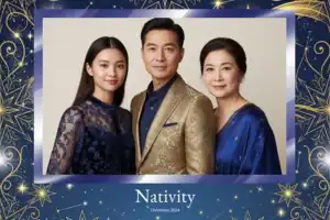 Variante format paysage 6x4, 1 photo et orientation paysage du design photobooth Gold Star Christmas Nativity pour Vivabox