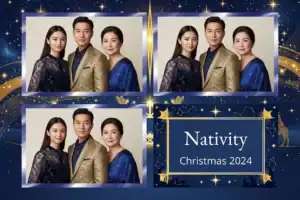 Variante format paysage 6x4, 3 photos et orientation paysage du design photobooth Gold Star Christmas Nativity pour Vivabox