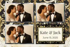 Variante format paysage 6x4, 3 photos et orientation paysage du design photobooth Black And Gold Wedding Frame pour Vivabox