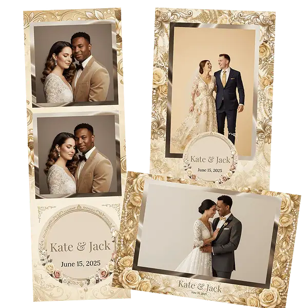 Design photobooth Gold Roses Wedding Photo Booth pour Vivabox et Miroir