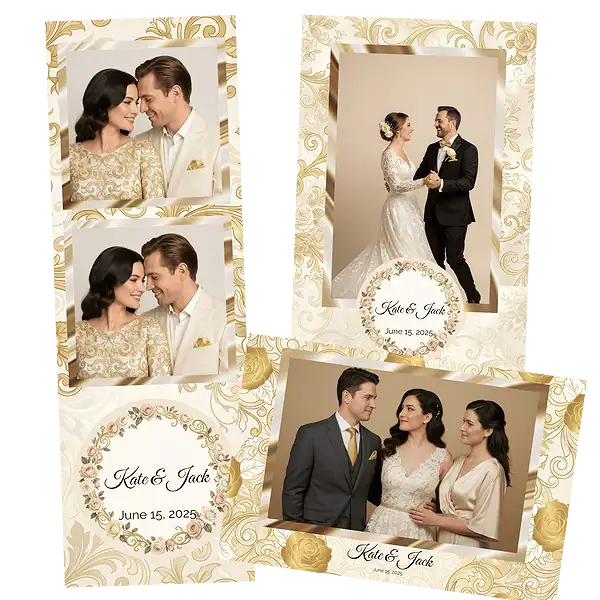Design photobooth Gold Roses Wedding Watercolor pour Vivabox et Miroir