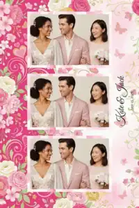 Variante format portrait 4x6, 3 photos et orientation paysage du design photobooth Pink Floral Polka Dot Wedding pour Miroir Magique