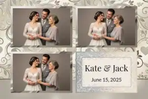 Variante format paysage 6x4, 3 photos et orientation paysage du design photobooth Gold Rings Floral Wedding pour Vivabox