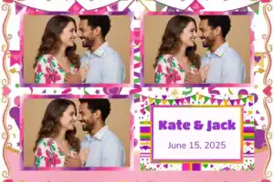 Variante format paysage 6x4, 3 photos et orientation paysage du design photobooth Striped Bunting Wedding Template pour Vivabox