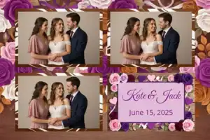 Variante format paysage 6x4, 3 photos et orientation paysage du design photobooth Wooden Floral Wedding Lights pour Vivabox