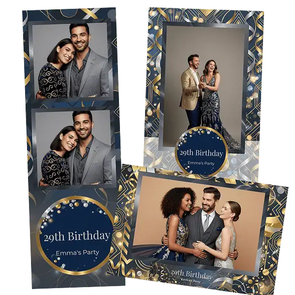 Design photobooth Navy Gold Birthday Bokeh pour Vivabox et Miroir